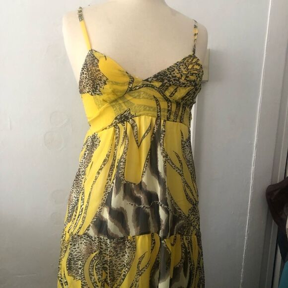 Yellow zebra animal print smocked tiered strappy summer breezy maxi dress sz S - Picture 1 of 12